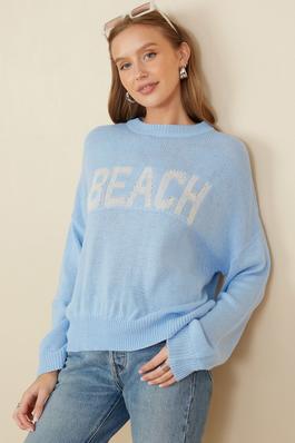 Womens Beach Graphic Knit Pullover Sweater