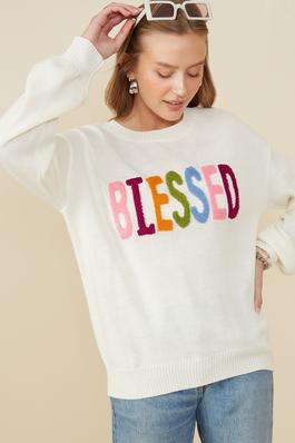 Womens Blessed Applique Pullover Sweater