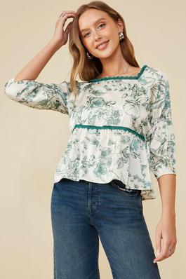 Womens Lace Trimmed Floral Print Satin Top