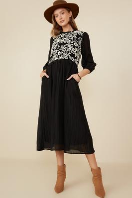 Womens Floral Embroidery Paneled Midi Dress