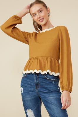 Womens Wavy Twill Trimmed Baby Doll Top