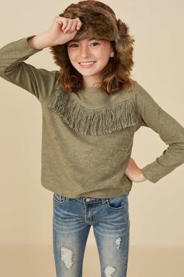 Girls Fringed Textured Knit Pullover Top