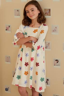 Girls Floral Print Gauze Texture Tie Sleeve Dress