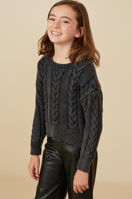 Girls Cable Knit Washed Pullover Sweater