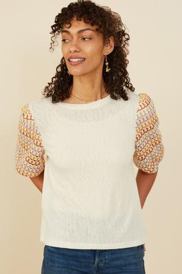 Womens Contrast Knit Sleeve Textured Top