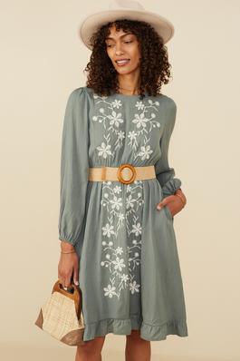 Womens Floral Embroidered Ruffle Long Sleeve Dress
