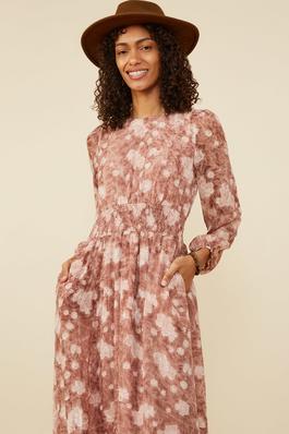 Womens Floral Burn Textured Long Sleeve Maxi Dress