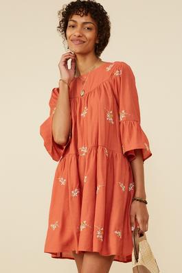 Womens Floral Embroidered Bell Sleeve Dress