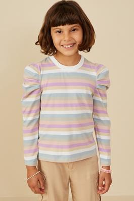Girls Multicolor Stripe Puff Shoulder Knit Top