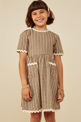 Girls Wavy Twill Trimmed Pocketed Checkered Dress