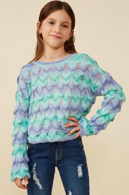 Girls Jewel Detailed Scale Knit Pullover Sweater
