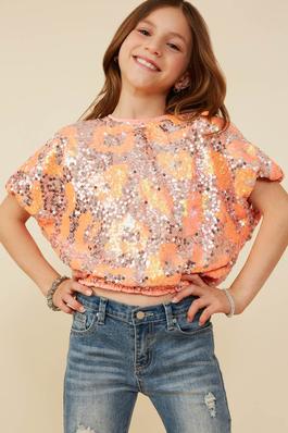 Girls Leopard Sequined Bubble Sleeve Top	
