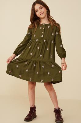 Girls Embroidered Ditsy Floral Buttoned Dress	