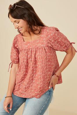 Plus Botanical Embroidered Tie Sleeve Top