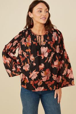 Plus Textured Floral Smocked Tie Front Top