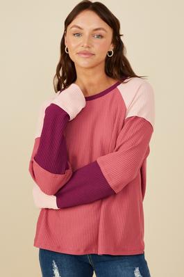 Plus Color Block Ribbed Knit Long Sleeve Top