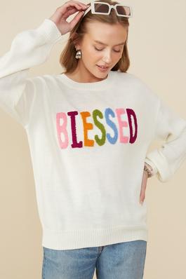 Girls Blessed Applique Pullover Sweater