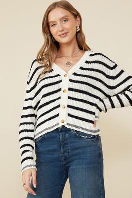 Plus Striped Buttoned Sweater Cardigan