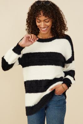 Plus Fuzzy Striped Pullover Sweater