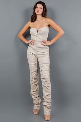 STRAPLESS TWILL EXTENDED LENGTH STACKED JUMPSUIT