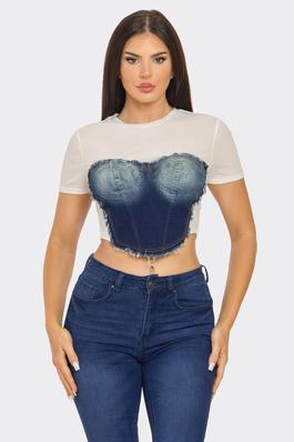 Mesh Front Denim Distressed Corset Style Top