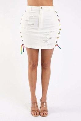 Distressed Denim Skirt With Rainbow Shoe Lace Up