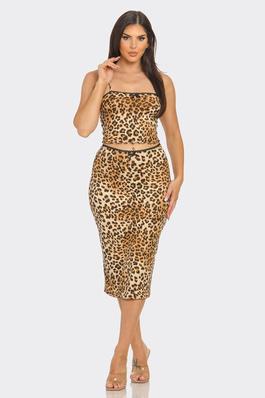 Cheetah Print Front Mini Ribbon Top And Skirt Set