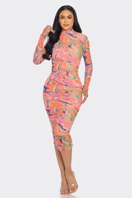 Abstract Flower Print Mesh Ruched Midi Dress