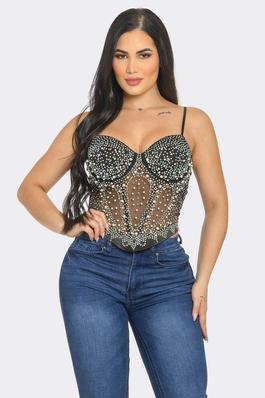 SATIN RHINESTONE AND PEARL EMBELLISHED BUSTIER TOP