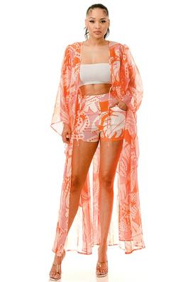 Plus Waist Tie Long Sleeves Cover Up And Short Set