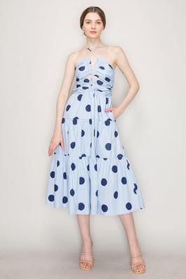 Cotton Dots Printed Halter Neck Midi Dress