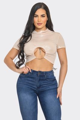 Slinky Foil Front O Ring Cut Out Shirring Top