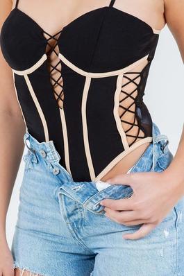 LACE UP DETAILED SWEETHEART MESH BODYSUIT