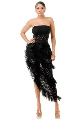Plus Lace Tube Top And Ruffle Trim Skirt Set