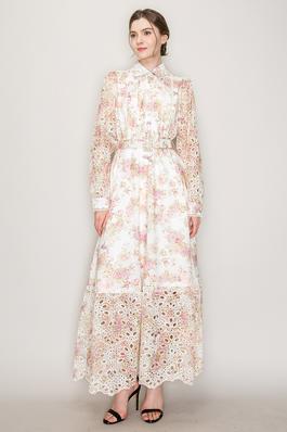 Long Sleeve Floral print Lace Detail Maxi Dress