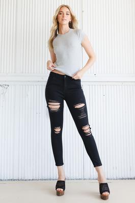 High Rise Heavy Destructed Ankle Skinny Jeans