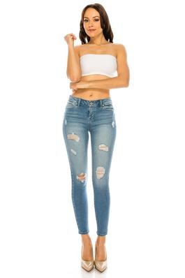 Mid Rise Push Up Distressed Ankle Skinny Jeans