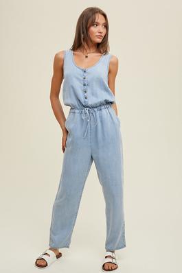 WASHED TENCEL BUTTON-UP TANK JUMPSUIT