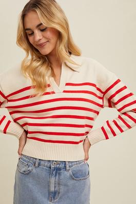 STRIPED RELAXED CROP COLLARED SWEATER