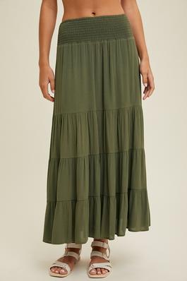 SMOCKED WAIST TIERED MAXI SKIRT WITH SLIT