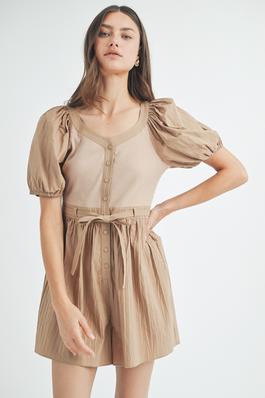 PLEATED BUTTON-UP BELTED ROMPER
