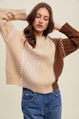 COLORBLOCK TEXTURED SWEATER WITH STITCHING DETAIL