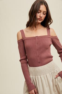 COLD SHOULDER BUTTON UP SWEATER