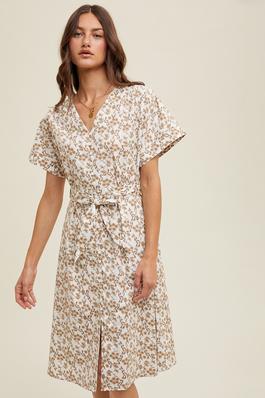 FLORAL BELTED MIDI DRESS WITH FRONT SLIT