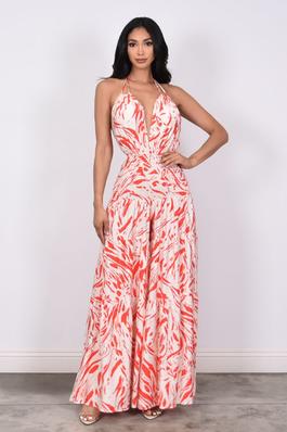 ABSTRACT PRINT RUCHED WOVEN JUMPSUIT