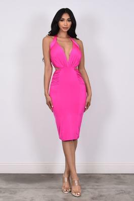 HALTER NECK RUCHED CUT OUT MIDI DRESS