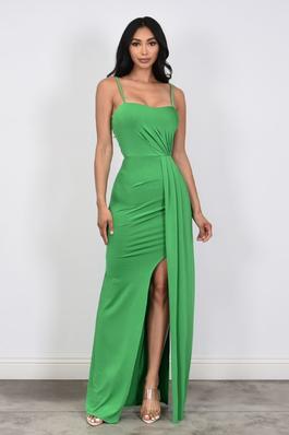 RUCHED SLIP MAXI DRESS WITH TAIL