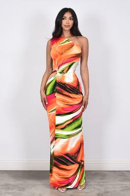 ABSTRACT PRINT ONE SHOULDER MAXI DRESS