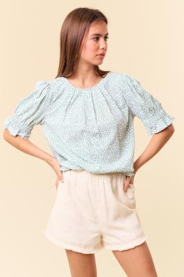 PUFF SLEEVE COTTON DOT PRINTED BLOUSE