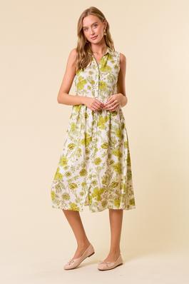 Floral Printed Sleeveless Midi Shirt Dress